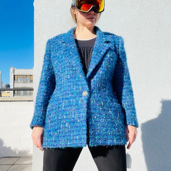 Vintage Teal Gold Metal Button Bouclé Boucle Blazer - Picture 10 of 16